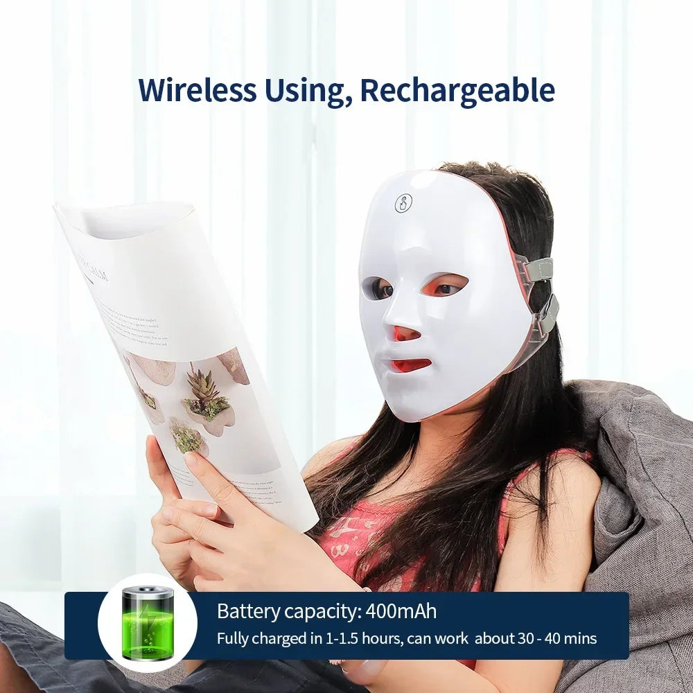 Wireless 7-Color LED Light Therapy Facial Mask – Anti-Aging, Anti-Acne & Skin Tightening Beauty Device