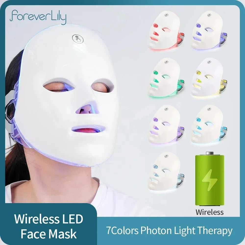 Wireless 7-Color LED Light Therapy Facial Mask – Anti-Aging, Anti-Acne & Skin Tightening Beauty Device