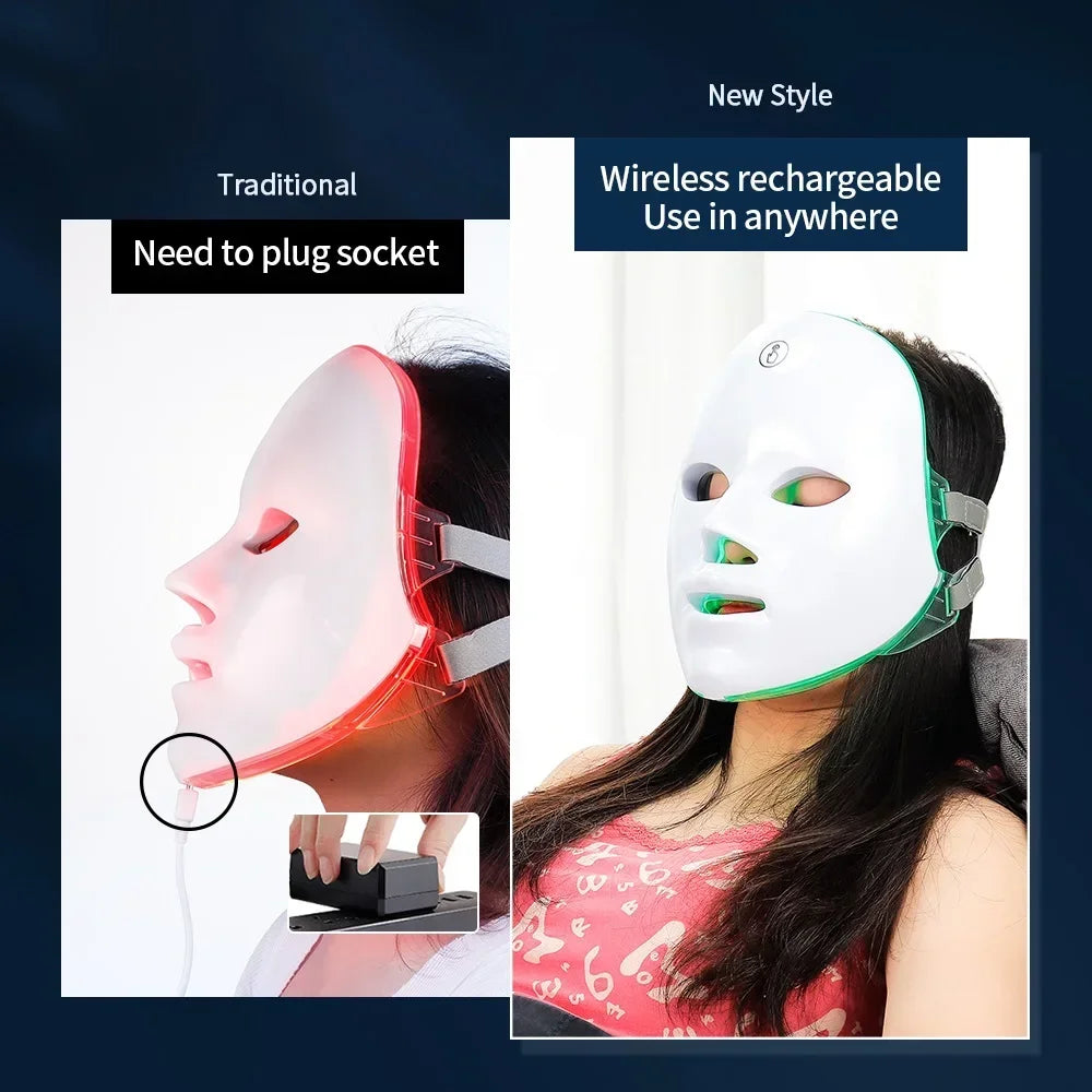 Wireless 7-Color LED Light Therapy Facial Mask – Anti-Aging, Anti-Acne & Skin Tightening Beauty Device